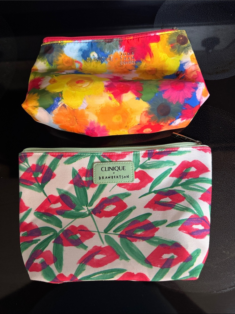 Clinique Floral Cosmetic Pouch Set - Colorful Yellow & Pink Lot of 2